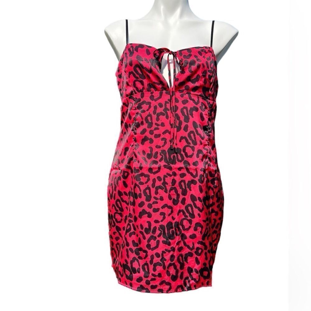 Lulu’s Red Leopard Print Satin Slip Mini Dress New With Tag Size Large